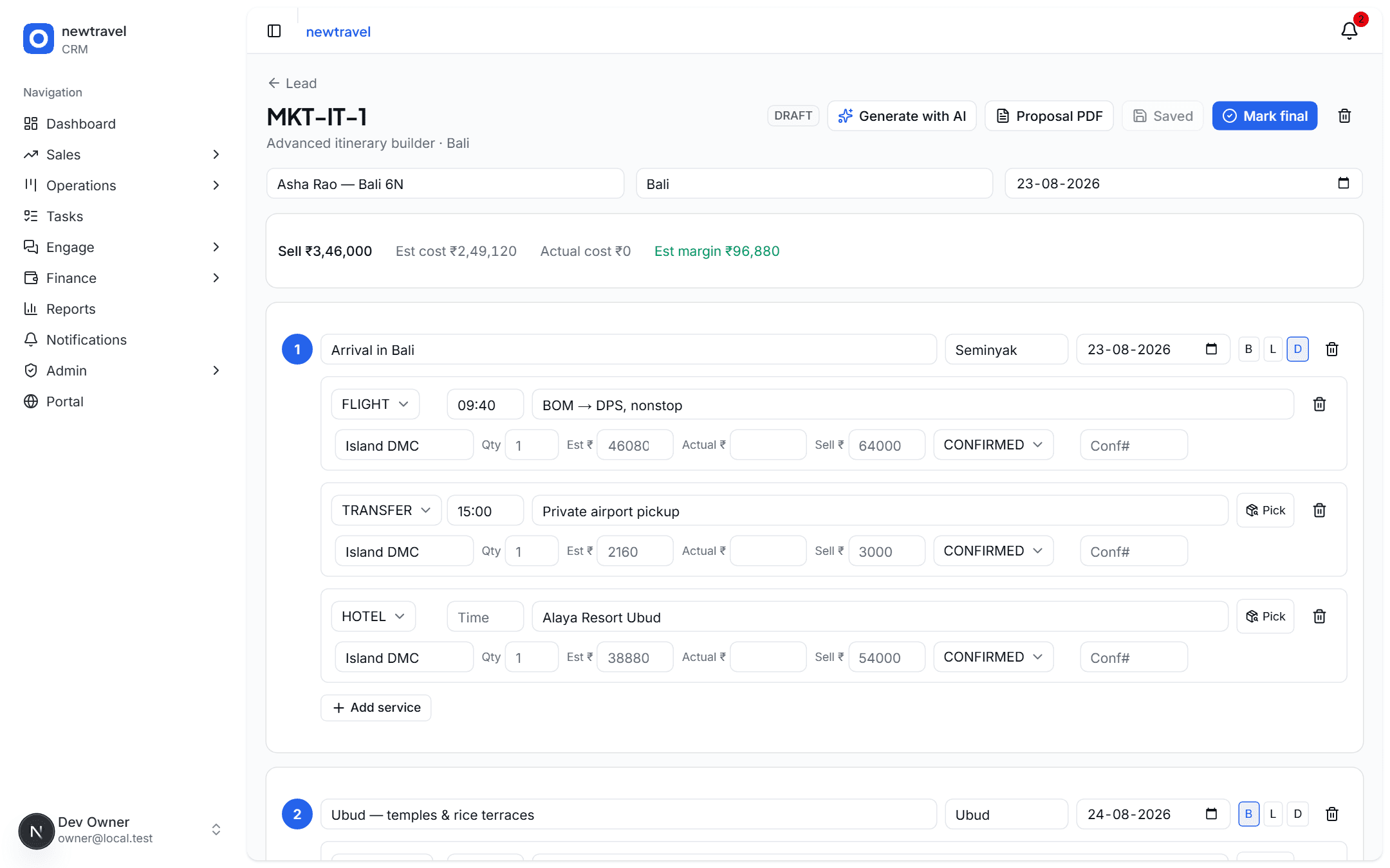 The itinerary builder with a six-day Bali plan and priced service lines