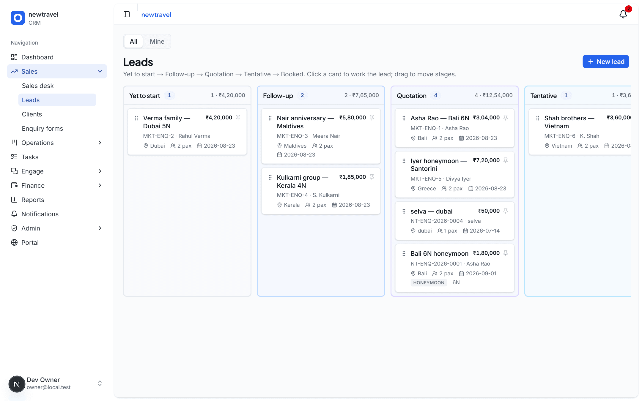 The sales kanban with Asha's new Bali lead in the Quotation column